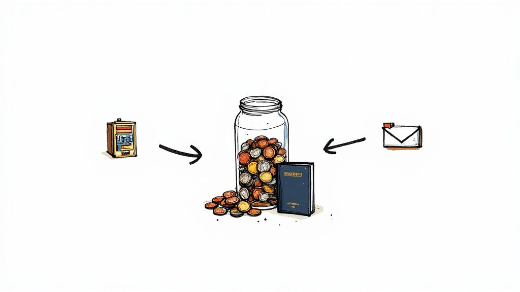 A diagram illustrating the flow of money from a machine, into a savings jar with a book, and then to an envelope.