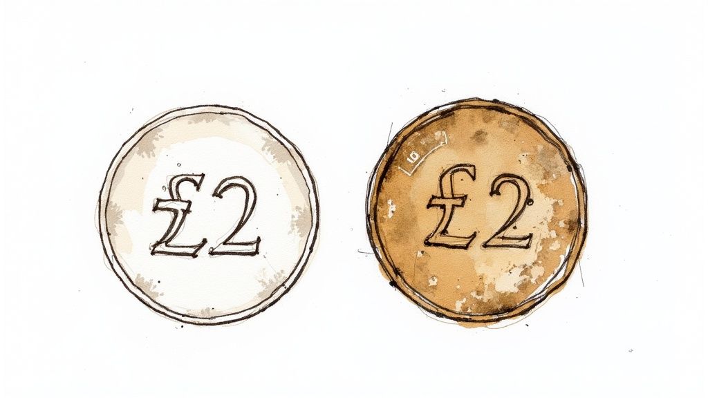 A hand holding a rare £2 coin, with a laptop showing an online auction in the background