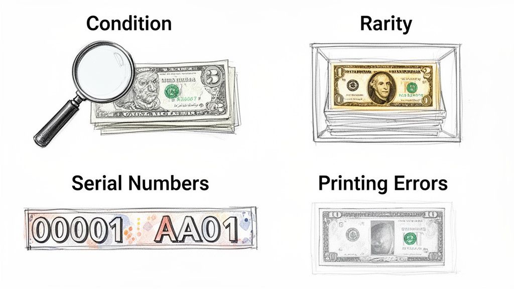Four illustrations demonstrating factors that influence banknote value: condition, rarity, serial numbers, and printing errors.