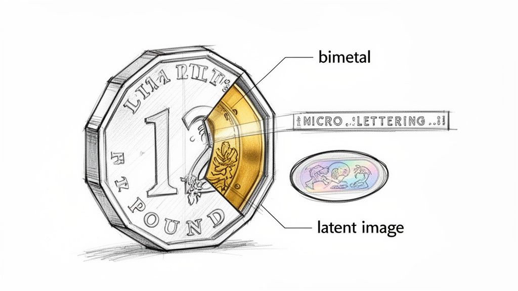 A detailed diagram illustrating a 1 Pound coin's security features: bimetal, micro-lettering, and latent image.