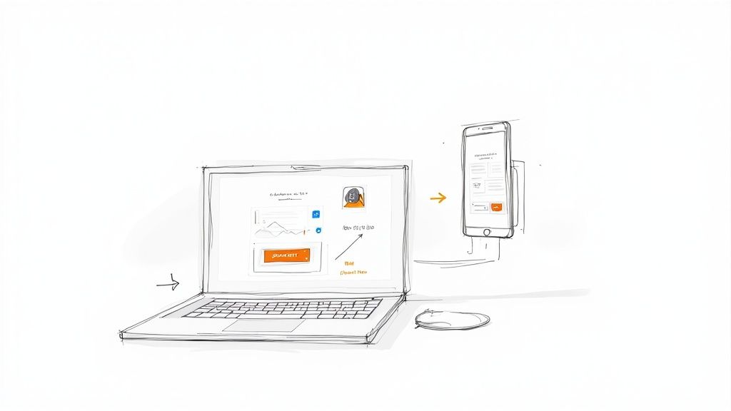A sketch of a laptop and a smartphone, showing a digital interface transfer between devices.