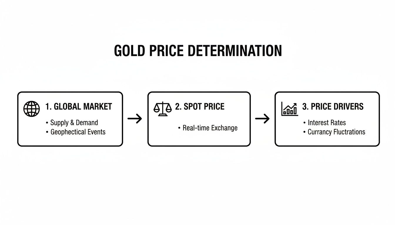 A flowchart illustrates the determination of gold prices, detailing global market factors, spot price, and economic drivers.
