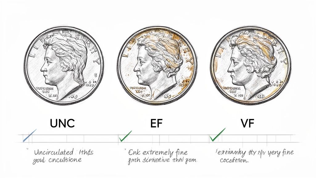 Three coin illustrations showing Uncirculated, Extremely Fine, and Very Fine conditions for grading.