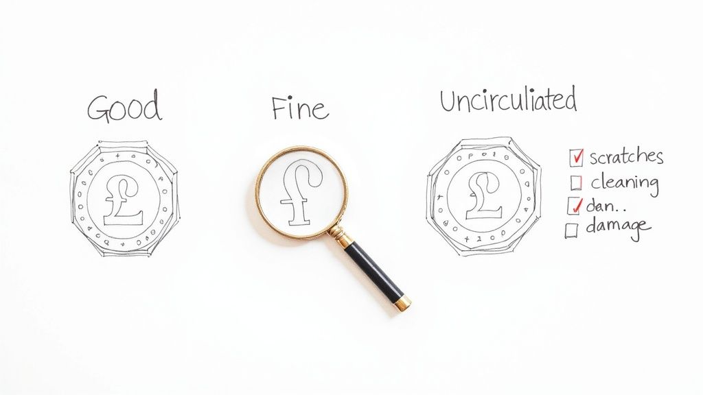 Inspecting a one pound coin under magnification