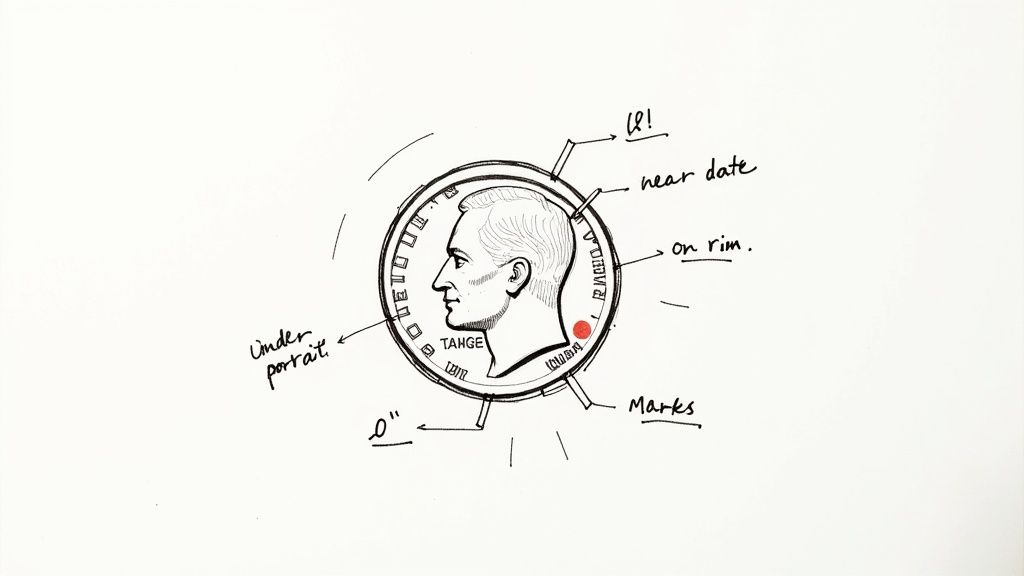 A diagram of a coin with labels pointing to various features like mint marks, date, and rim.