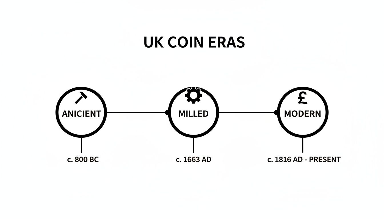 Timeline of UK coin eras: Ancient (c. 800 BC), Milled (c. 1663 AD), and Modern (c. 1816 AD - Present).