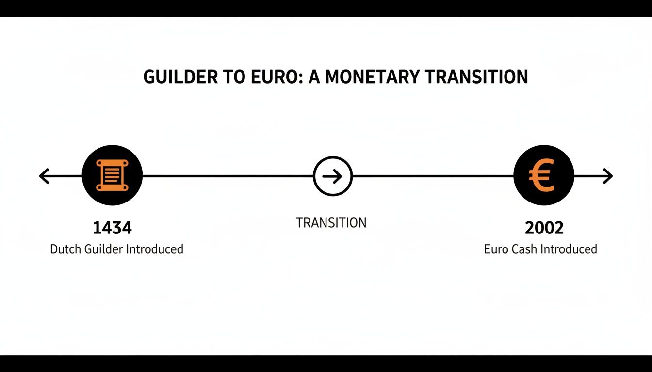 Timeline illustrating the monetary transition from the Dutch Guilder in 1434 to the Euro cash in 2002.