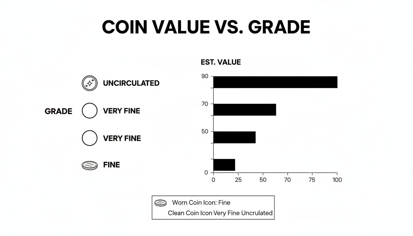 A bar chart comparing estimated coin values for different grades: uncirculated, very fine, and fine.