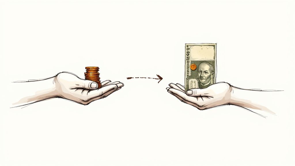 A hand holding old Dutch guilder coins against a blurred background of Amsterdam canals.