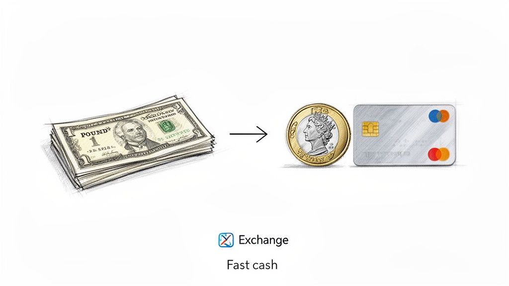 Illustration depicting cash notes labeled 'POUND' converting to a pound coin and then a credit card, symbolizing money exchange.