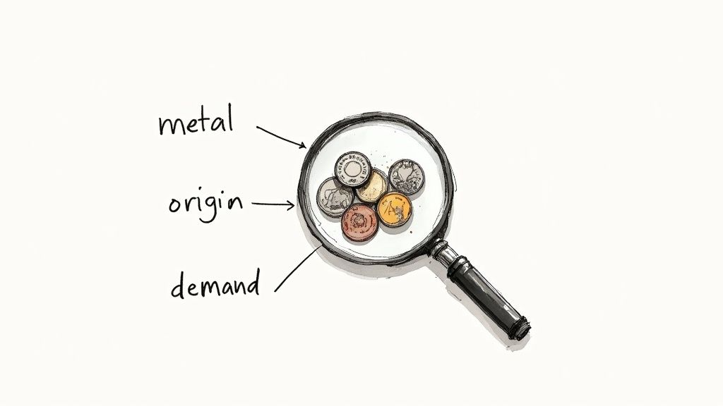 A variety of old and foreign coins spread out on a wooden table, showcasing different metals and designs