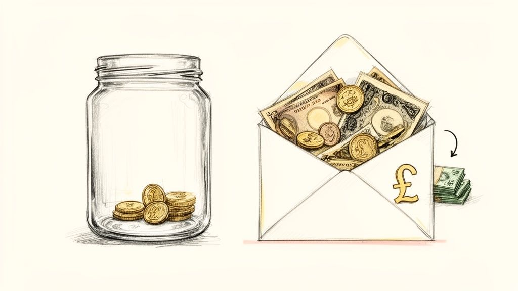 Illustration of a clear jar with gold coins and an envelope full of currency with pound notes.