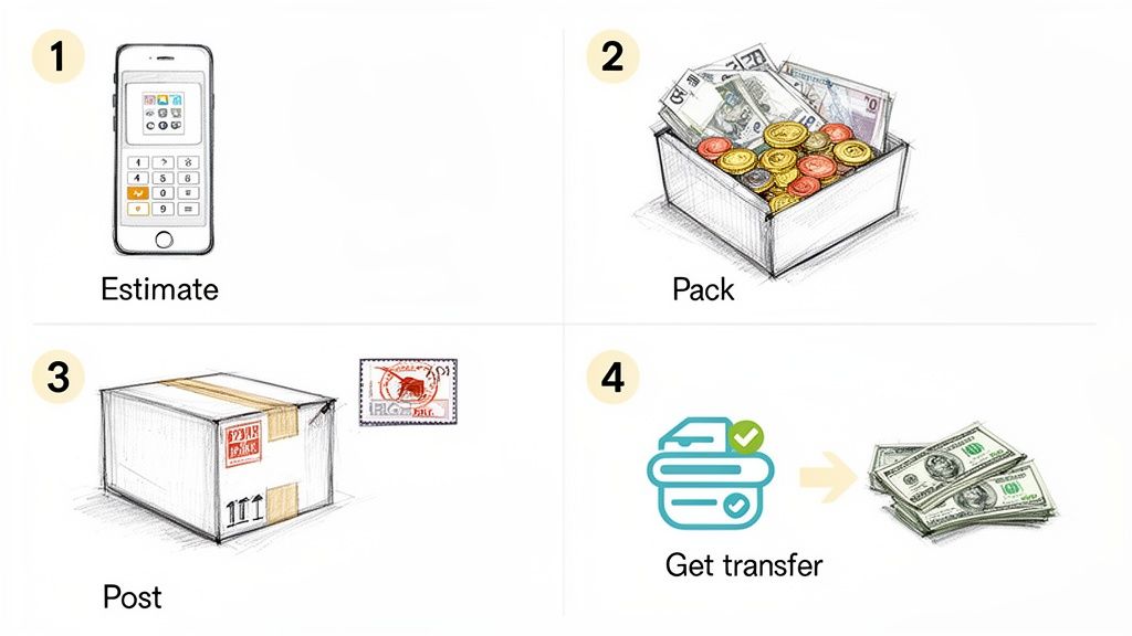 Four-step process: estimate value with a phone, pack money, post a parcel, and receive payment.