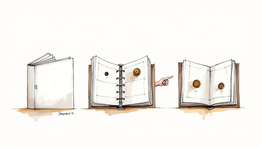 Three watercolor illustrated coin album books showing different binding styles and coin storage pages