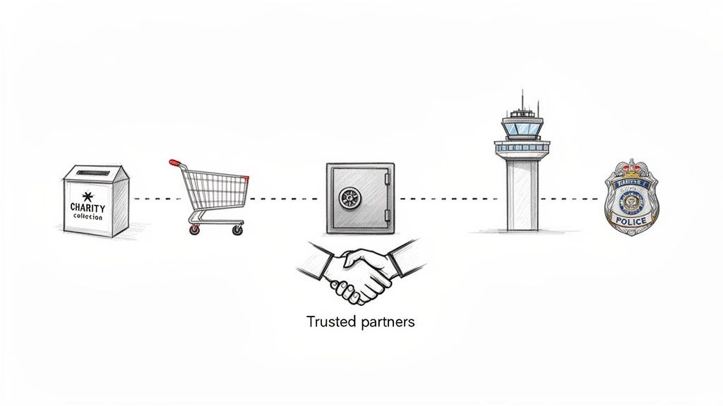 A secure process illustrated with icons: charity box, shopping cart, safe, airport tower, police badge, and trusted partners.
