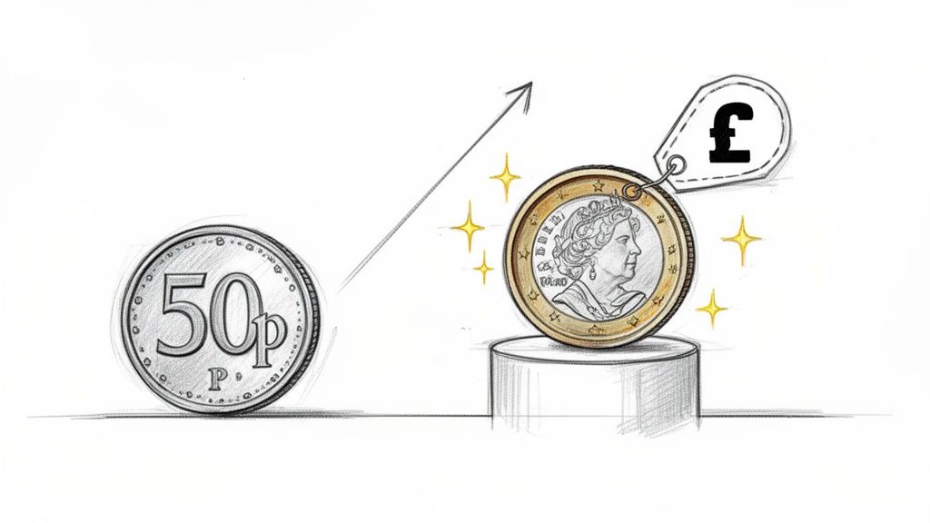 Pencil sketch showing a 50p coin evolving into a shiny one-pound coin with an upward arrow.