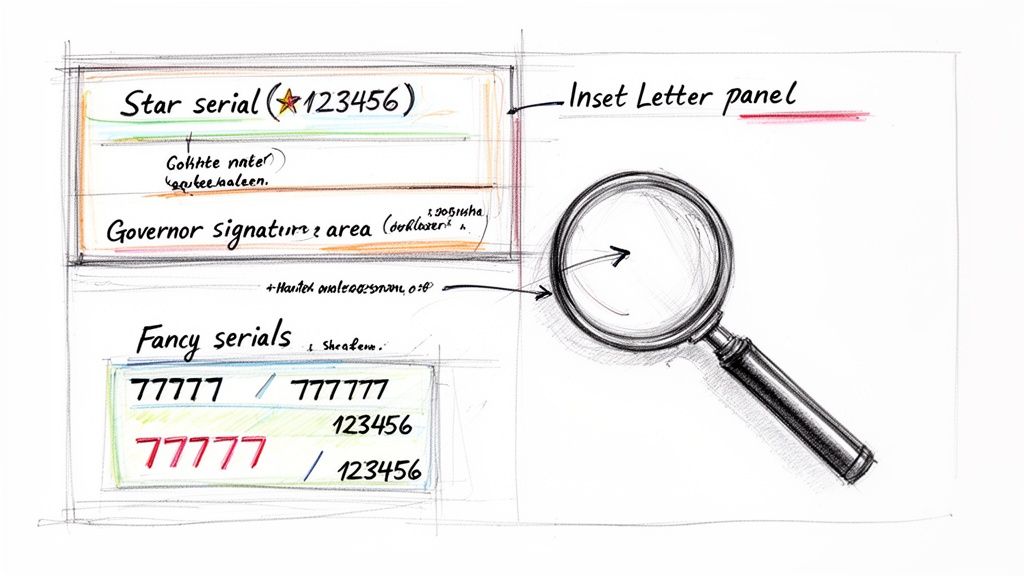 Sketch illustrating banknote serial number types (star, fancy) and governor signature area, with a magnifying glass.