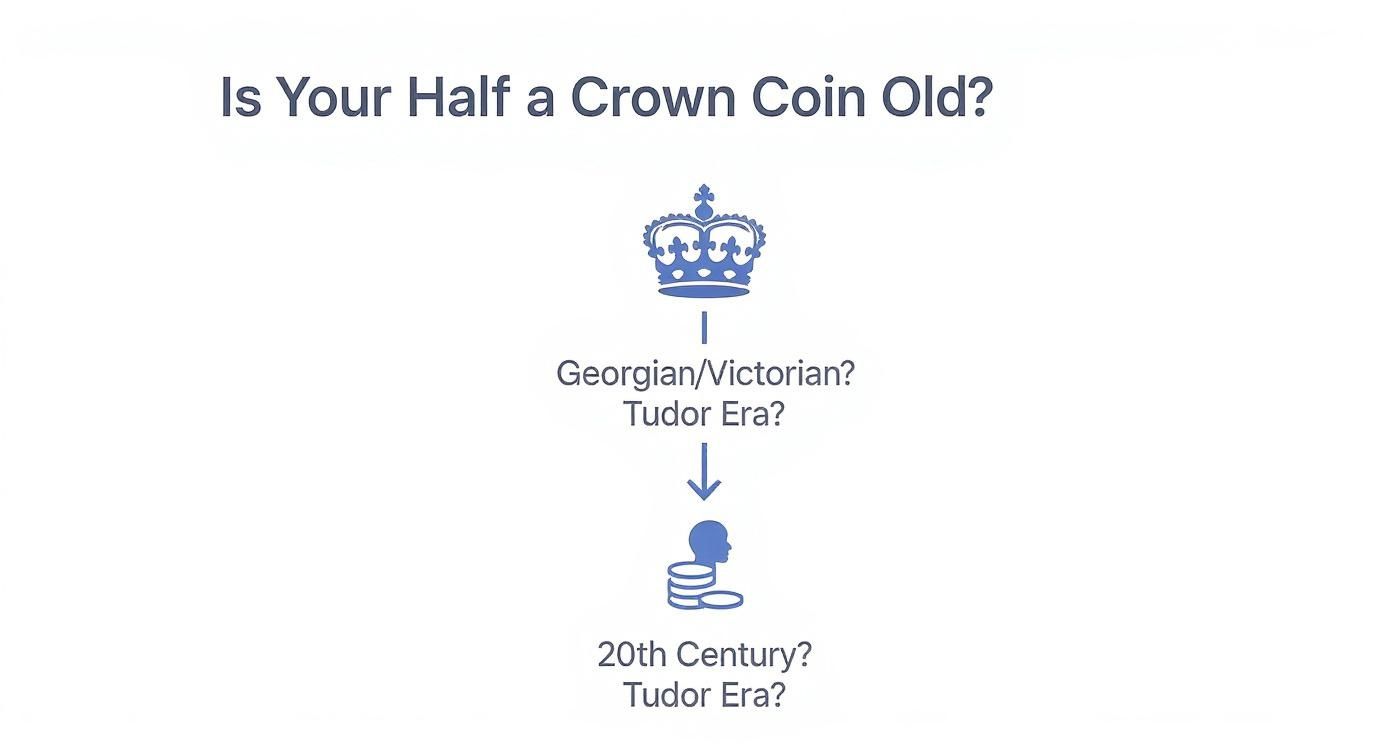 Infographic showing a decision tree for identifying the era of a half a crown coin.