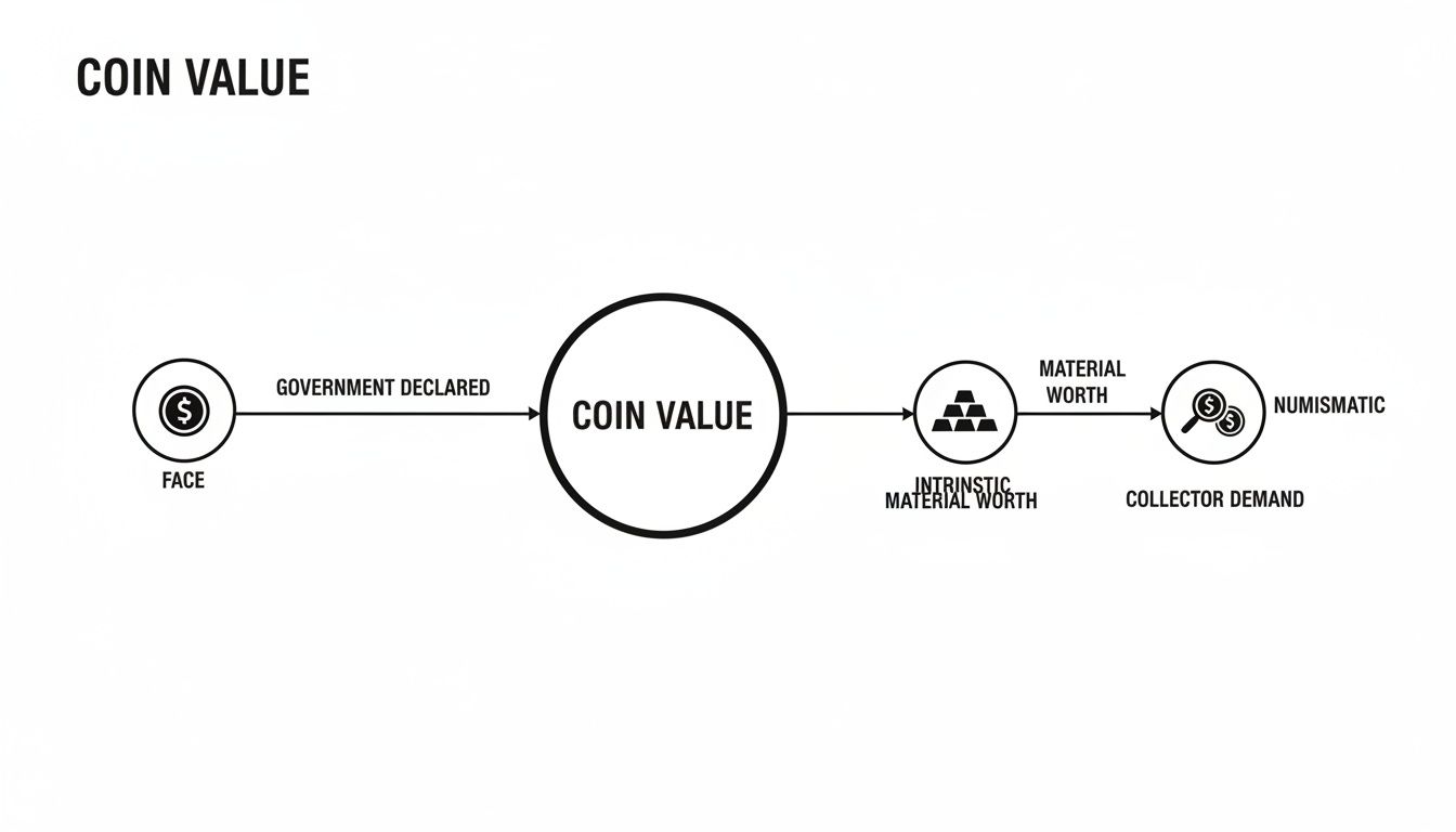 A diagram explaining coin value, encompassing face value, intrinsic material worth, and numismatic collector demand.