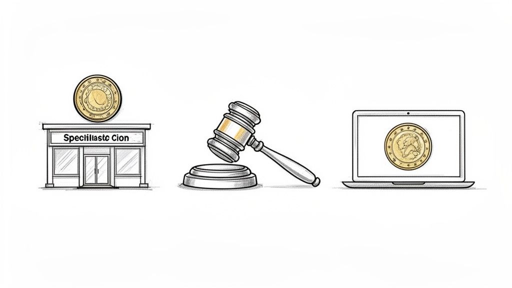 Illustration depicting ways to sell old coins: a coin on a store, a gavel, and a coin on a laptop screen.