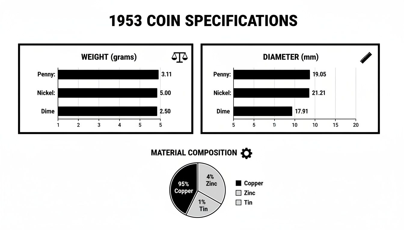 1953 coin specifications chart showing weight, diameter, and material composition for Penny, Nickel, and Dime.