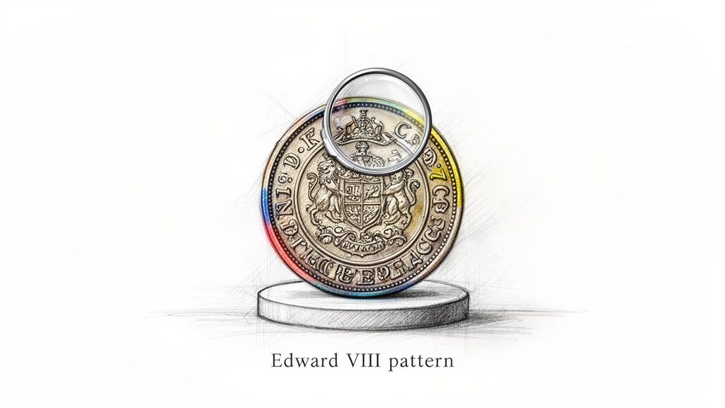 A detailed pencil sketch of an Edward VIII pattern coin on a podium with a magnifying glass.