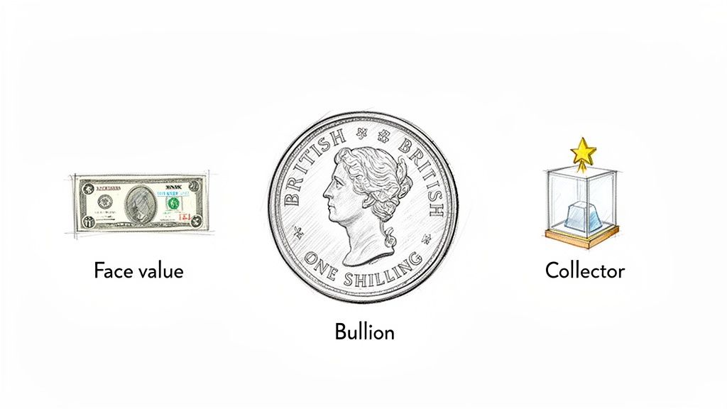 Illustrations comparing face value (dollar bill), bullion (British one shilling coin), and collector's item (display case).