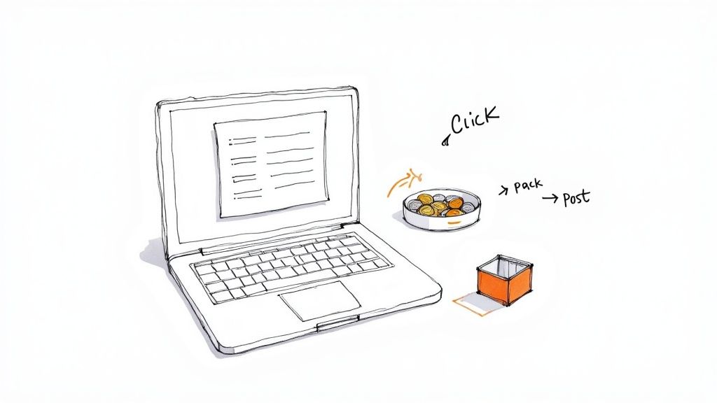 A person securely placing a bag of mixed foreign coins into a postal box.