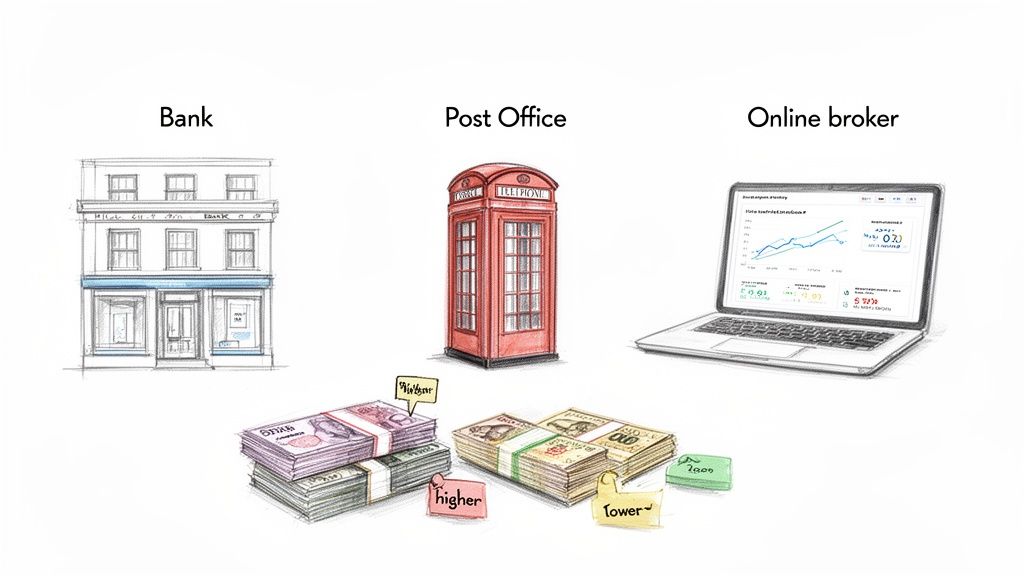 Illustration comparing currency exchange rates at a bank, post office, and online broker, showing different fee levels.