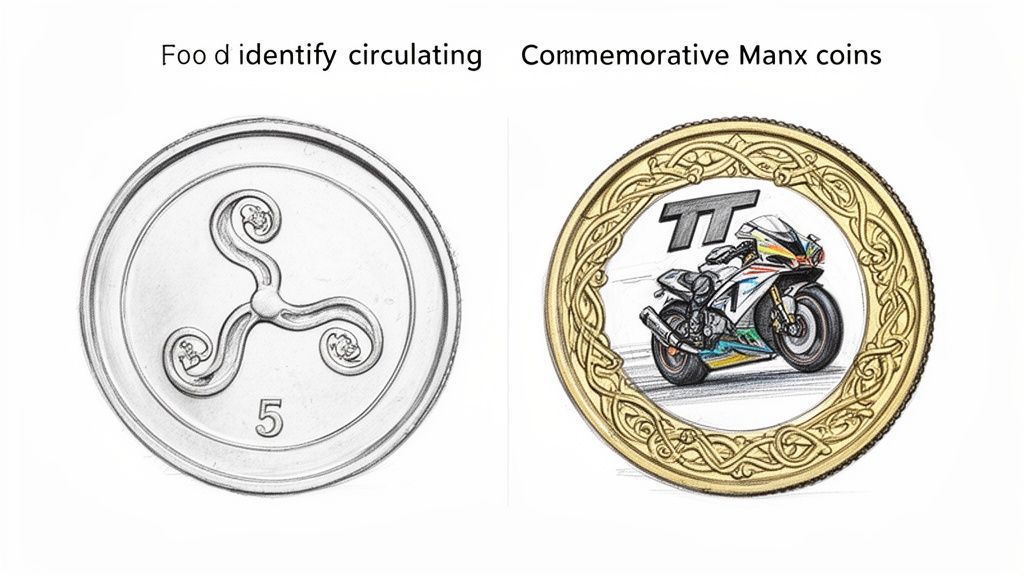 Two coin designs: a silver coin with a triskelion and '5', and a gold coin with a motorcycle and 'TT'.