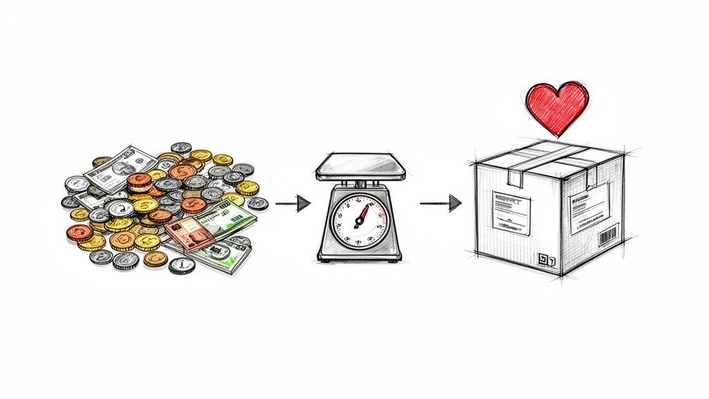 A sketch showing a pile of international money, a weighing scale, and a box with a heart, symbolizing donation.