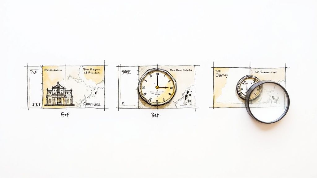 Three hand-drawn sketches on white paper showing historical buildings, clocks, and a magnifying glass.