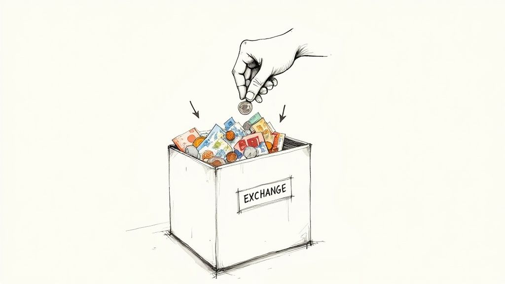 A person dropping various old coins into a clear bag