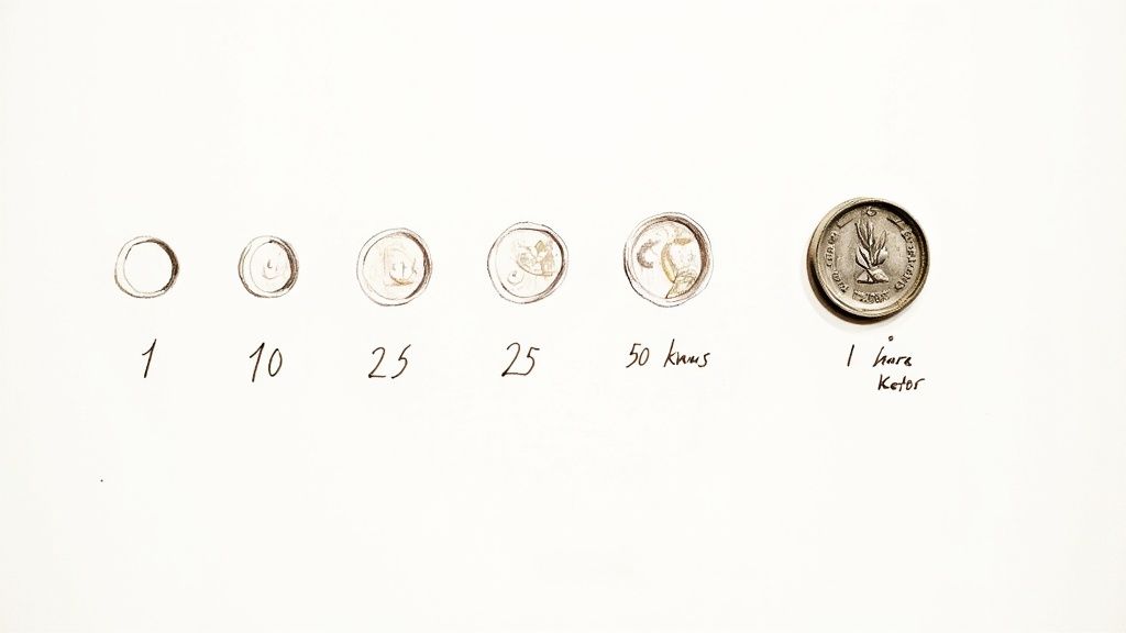 A line of drawn coins showing denominations 1, 10, 25, 50 kuna, alongside a real 1 Turkish Lira coin.
