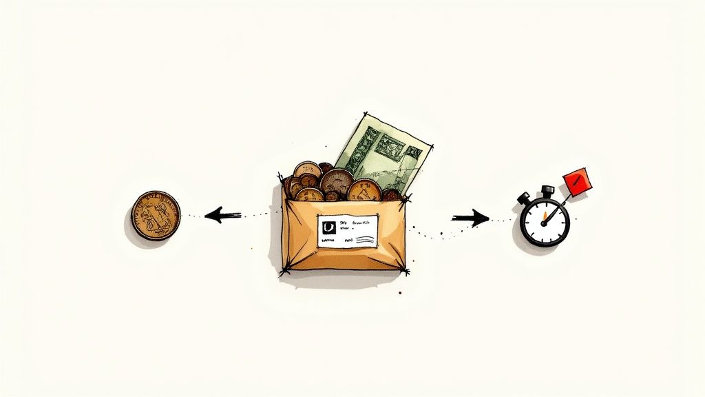 A collection of old German coins and banknotes spread out, ready for exchange