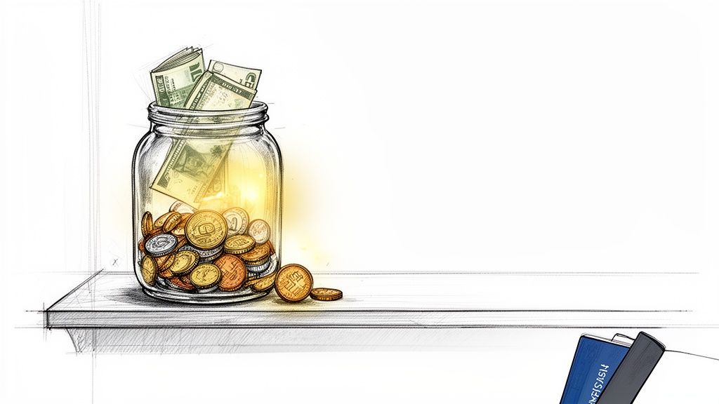 A glass jar filled with shining coins and paper bills rests on a shelf, with books visible.