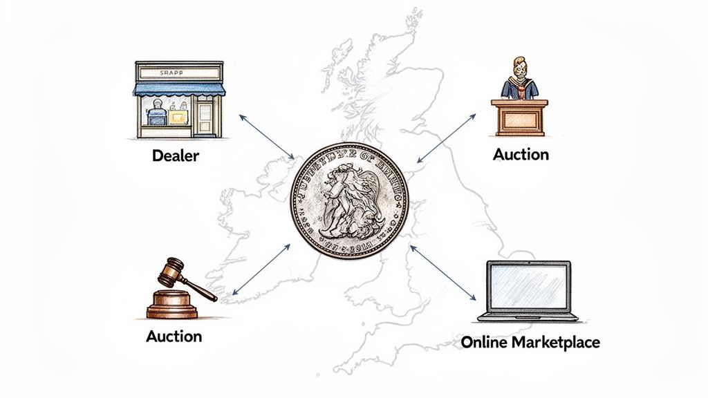 Illustration showing a rare coin in the UK, with arrows pointing to various selling channels like dealers, auctions, and online marketplaces.