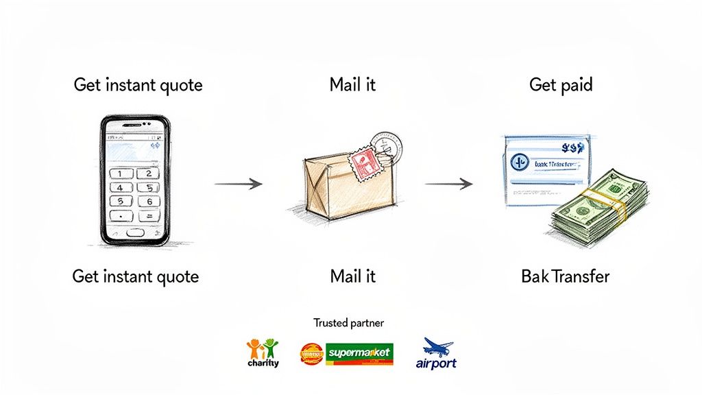 Illustration of a three-step process: get an instant quote on a phone, mail a package, and receive payment.