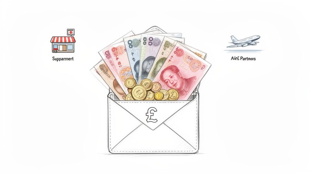 An illustration of an open envelope filled with Chinese Yuan banknotes and gold coins, with a British pound symbol.
