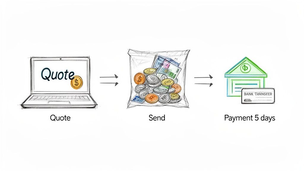 Illustration showing a 3-step process: 'Quote' on a laptop, 'Send' money in a bag, and 'Payment 5 days' via bank transfer.