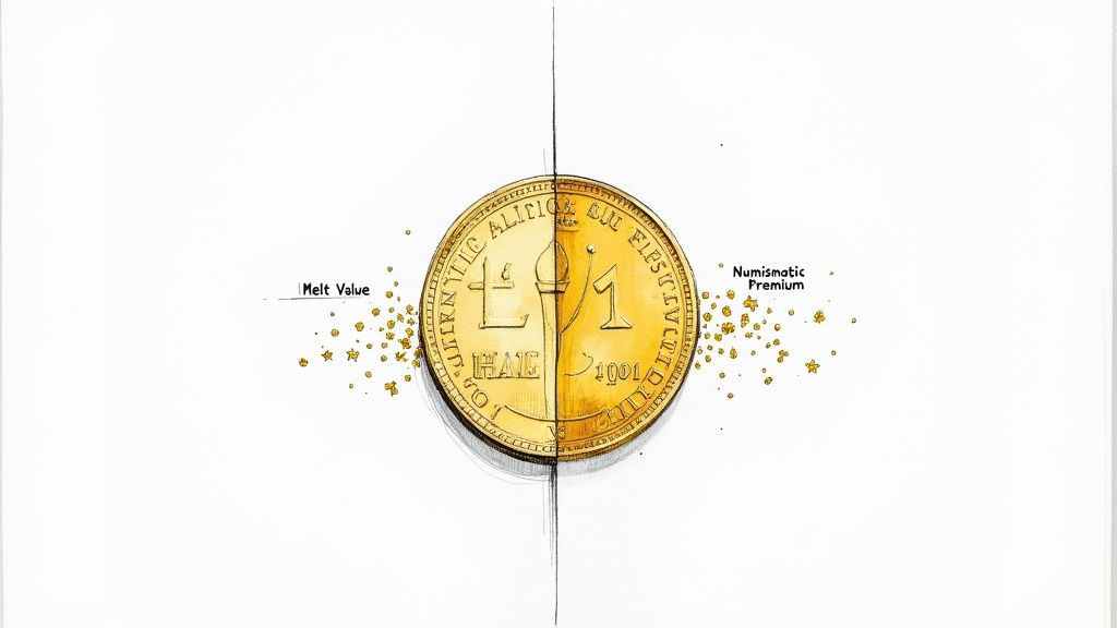 Gold sovereign coin splitting into melt value and numismatic premium portions with particles