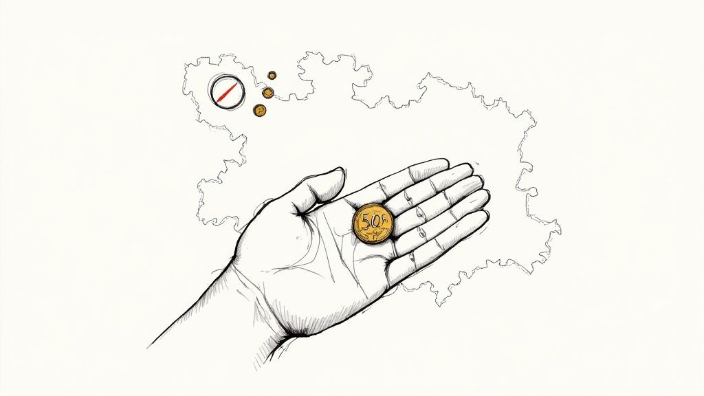 A sketch shows a hand holding a 500 coin over a map outline with a compass and small coins.