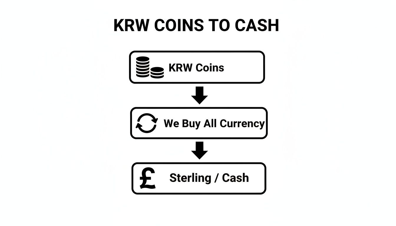 Flowchart illustrating the process of converting KRW coins into Sterling or cash through currency exchange.