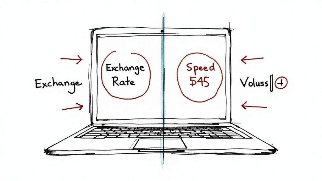 A person holding a handful of mixed foreign currency, symbolising different exchange situations.