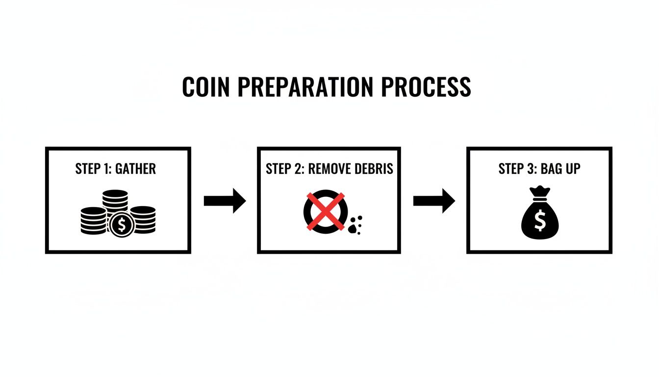 A three-step flowchart illustrating the coin preparation process: gathering coins, removing debris, and bagging them up.