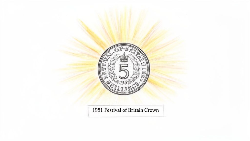 A historical 1951 Festival of Britain Crown coin, displaying '5 SHILLINGS' and encircled by a radiating light.