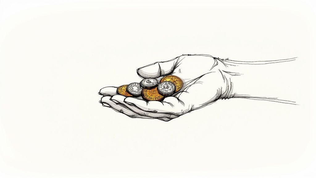 A simple sketch of an open hand holding a small pile of golden and silver coins.
