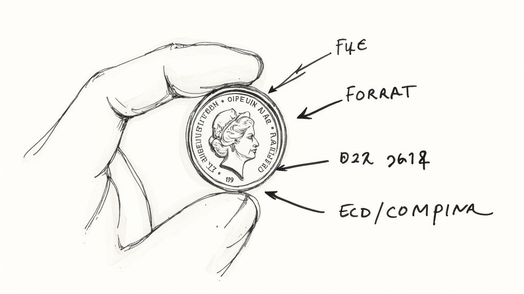 Hand holding commemorative coin showing Queen Elizabeth II portrait with labeled parts and specifications
