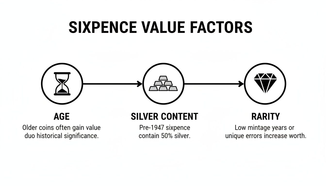 Diagram illustrating the three key factors that determine the value of a sixpence coin.