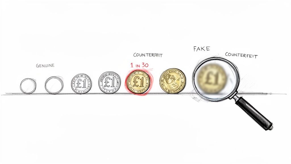 Illustration comparing genuine and counterfeit one pound coins, with a magnifying glass examining a fake.